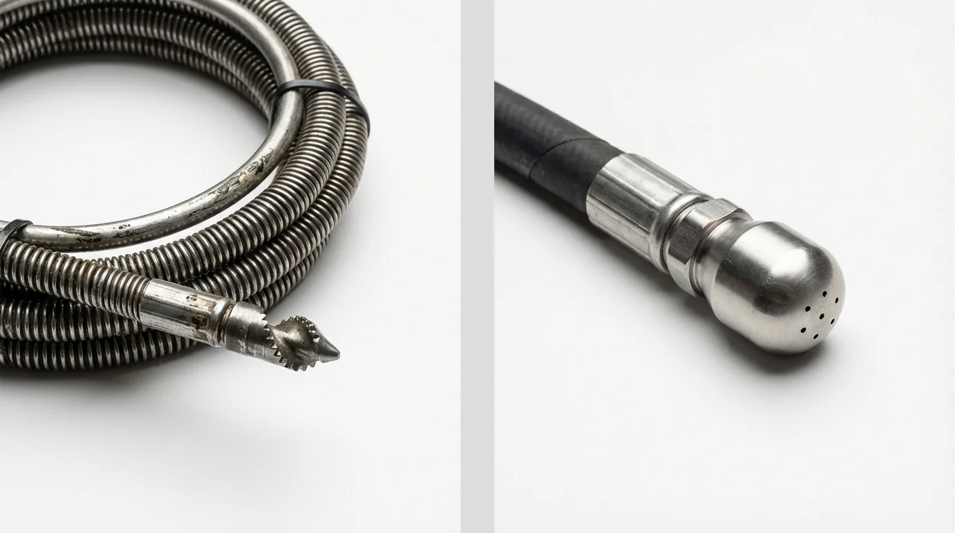 Drain snake cable and hydro jetting nozzle used for drain cleaning in Fremont, IN