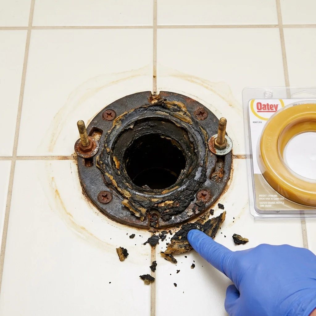 Failed wax ring showing water seepage at the base of a toilet in a Fremont, IN home