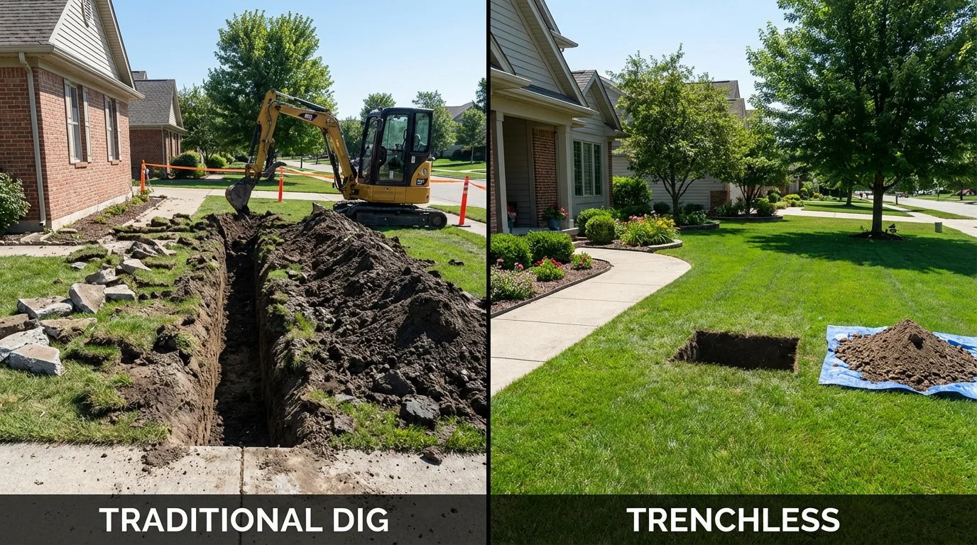 Trenchless sewer repair with minimal yard damage versus traditional excavation in Fremont, IN
