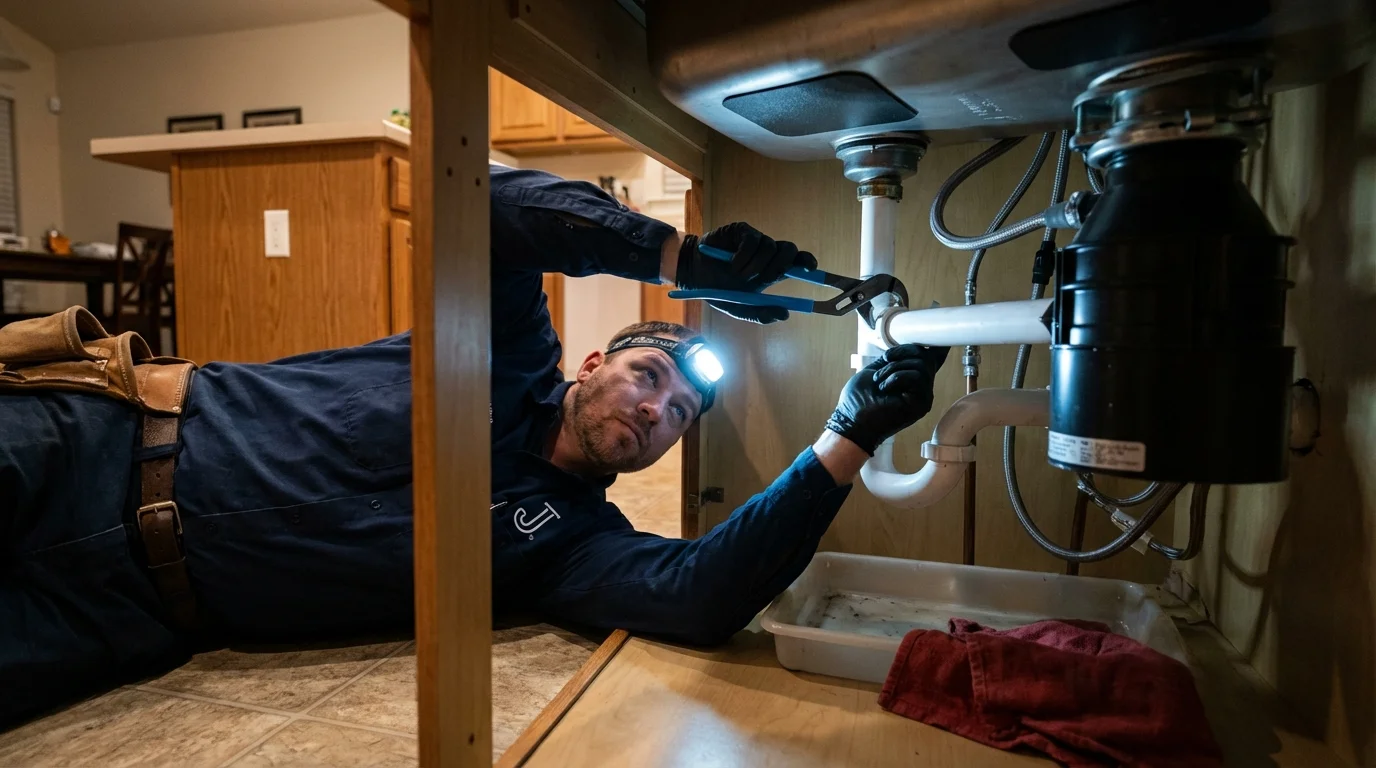 P-trap and supply line connections under a kitchen sink showing a common leak point in Fremont, IN